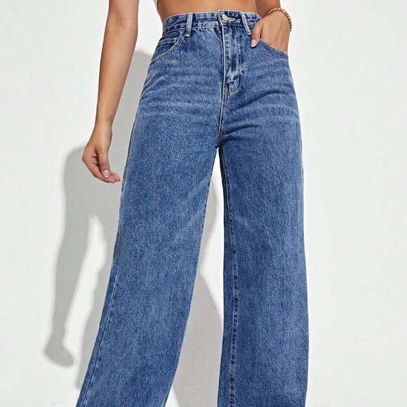 Dark Wash Casual Women's High Waist Wide Leg Jeans - Picture 2 of 6